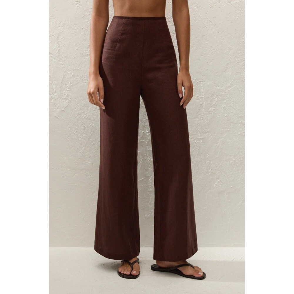 $260 Faithfull The Brand Linen Syna Pant Carob Brown Wide Leg High Waist XS NWOT
